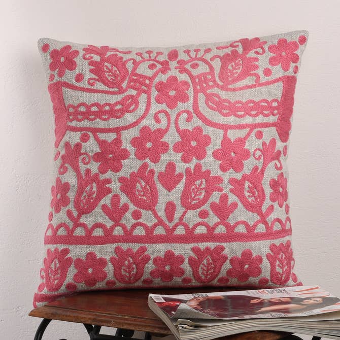 Pink Embroidered Cotton Cushion with Filler 45x45 cm