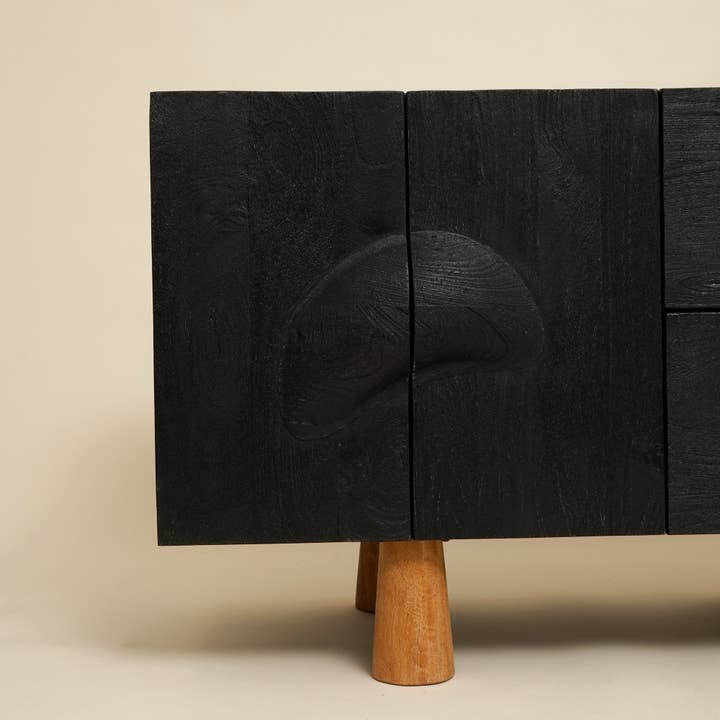 Modern Solid Mango Wood Sideboard Cabinet – Black Storage Cabinet with 2 Doors & 2 Drawers