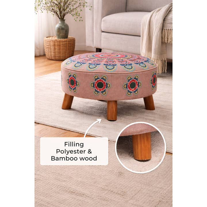 Embroidered Cotton Round Footstool with Wooden Legs 60 cm
