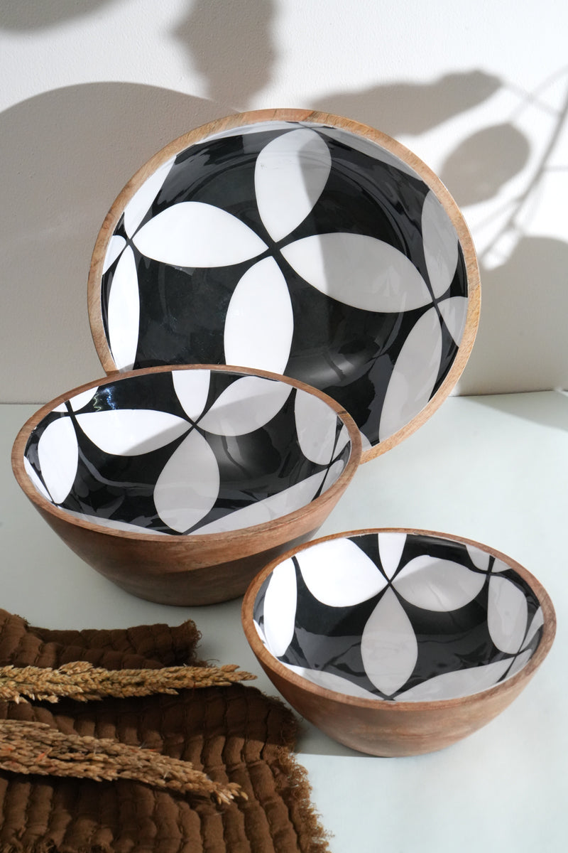 S/3-WOODEN BOWL/FLORAL PATTERN