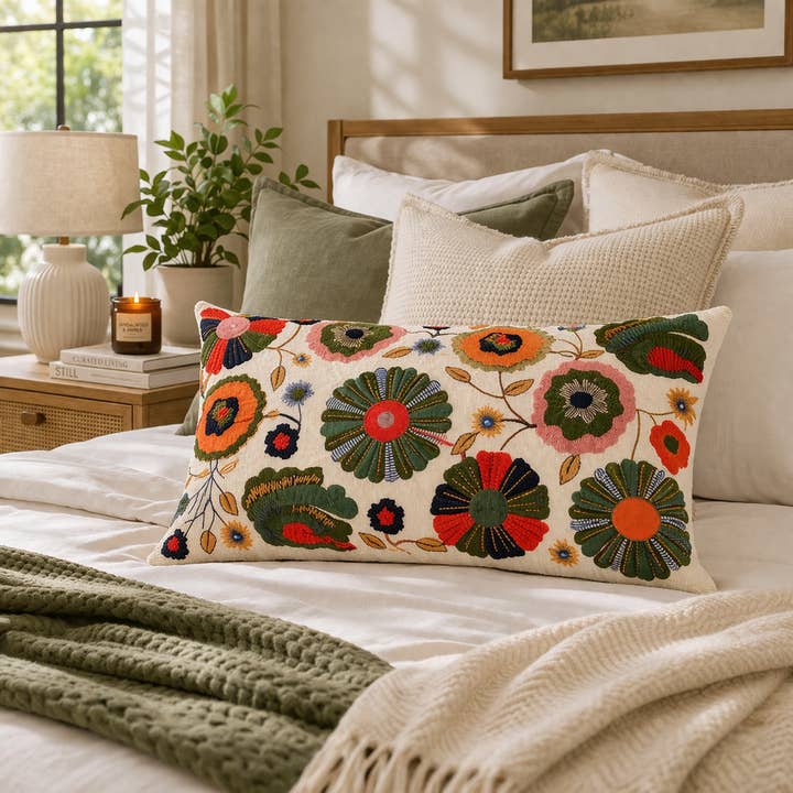 Floral Embroidered Cotton Cushion with Filler 35 × 60 cm