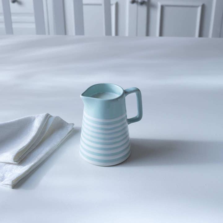 Hand-painted Blue Stripe Ceramic Jug Coastal Farmhouse