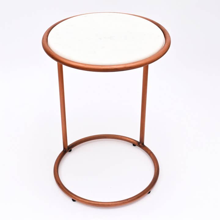 Copper Antique C Round Table With Marble Top Set of 2