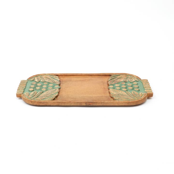 Handcrafted Green Wash Carved Grapes Wooden Serving Board | Rustic Charcuterie & Cheese Platter