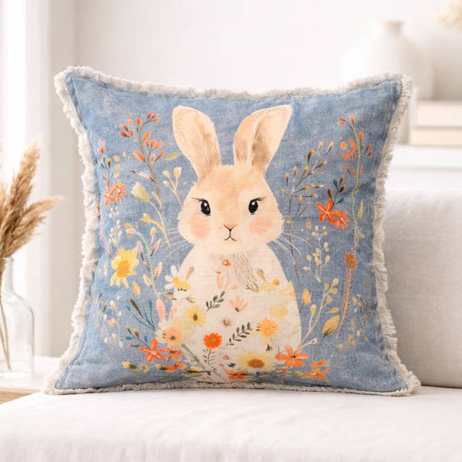 Embroidered Cotton Cushion- Rabbit Floral Design- 45x45 cm