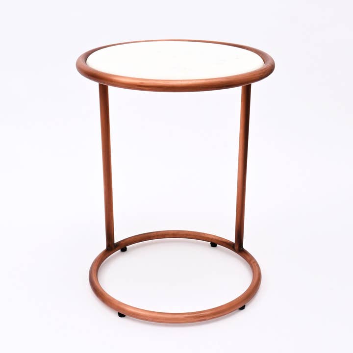 Copper Antique C Round Table With Marble Top Set of 2