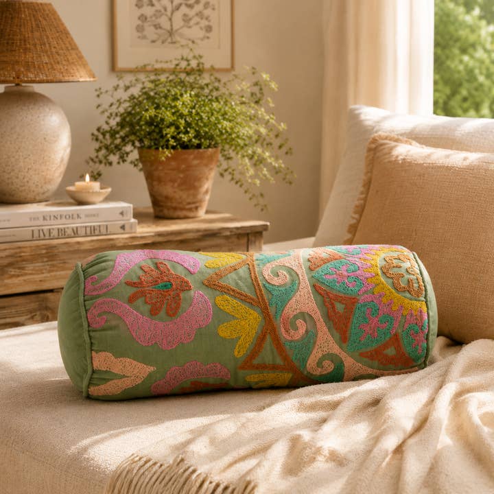 Embroidered Cotton Bolster Cushion Multicolor 53 x 20 cm