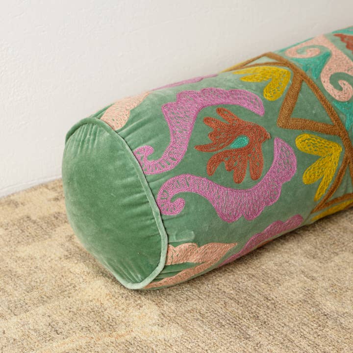Embroidered Cotton Bolster Cushion Multicolor 53 x 20 cm