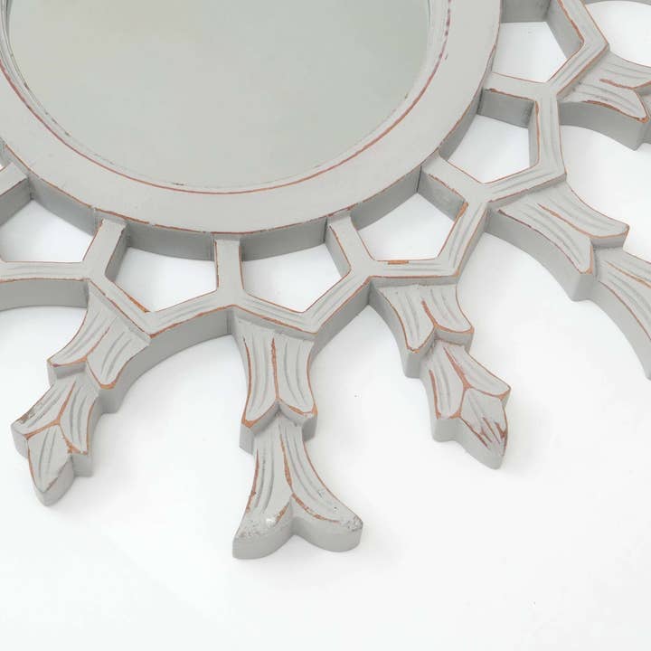 Hand-Carved Metallic Wooden Sunburst Wall Mirror - Decorative Statement Mirror for Living Room, Entryway & Bedroom Decor