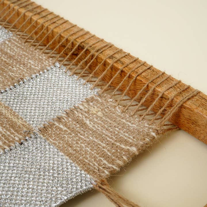 Checked Hemp & Acacia Wood Wall Art – Natural Textured Decorative Accent