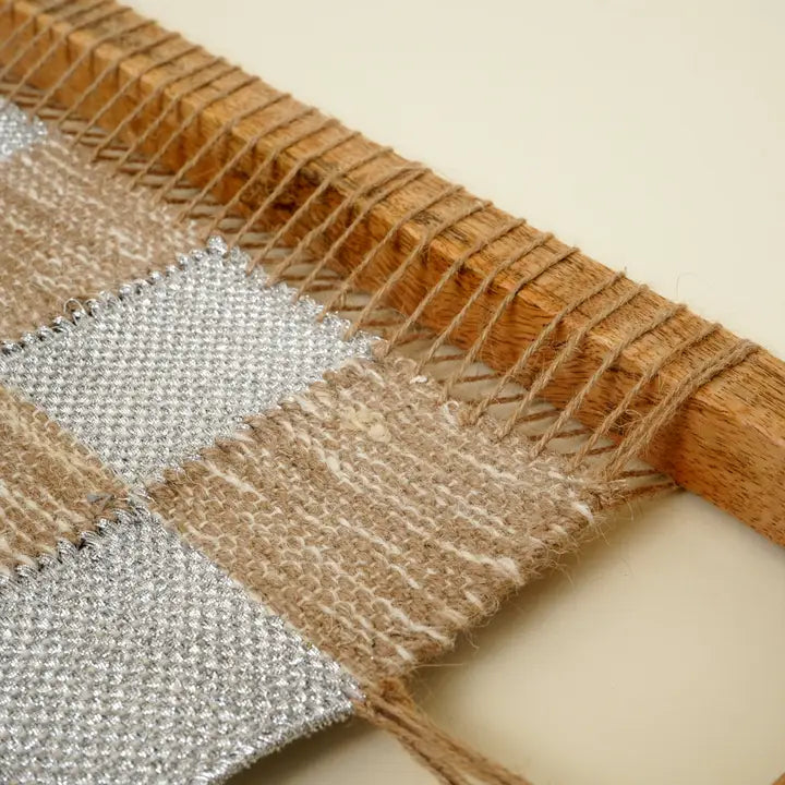 Checked Hemp & Acacia Wood Wall Art – Natural Textured Decorative Accent