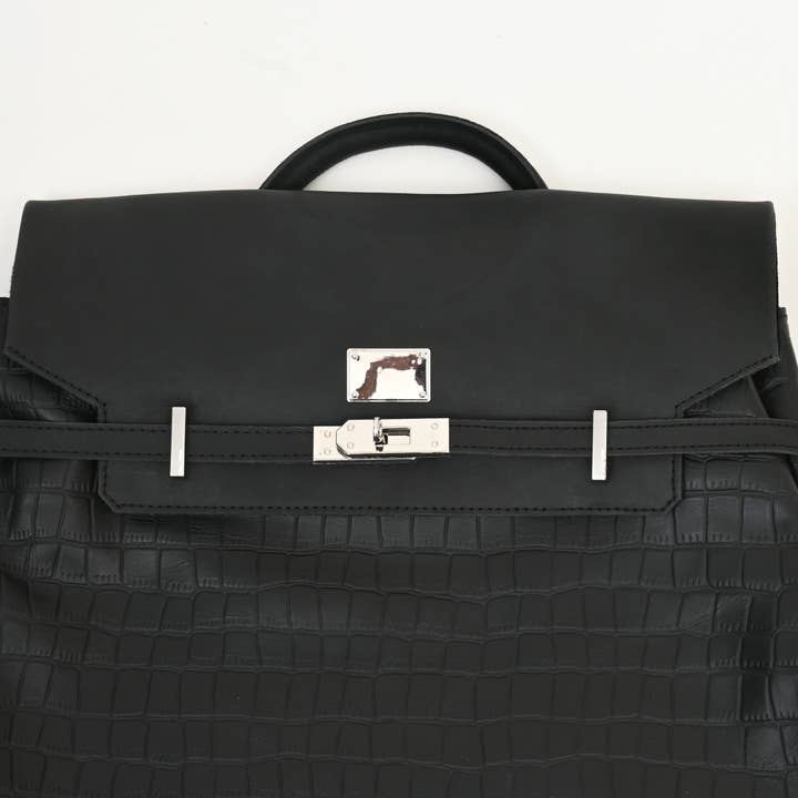 Premium Full-Grain Black Napa & Croc-Look Leather Laptop Backpack | Office & Travel Bag with Padded Laptop Compartment, Twist-Lock Flap & Trolley Sleeve