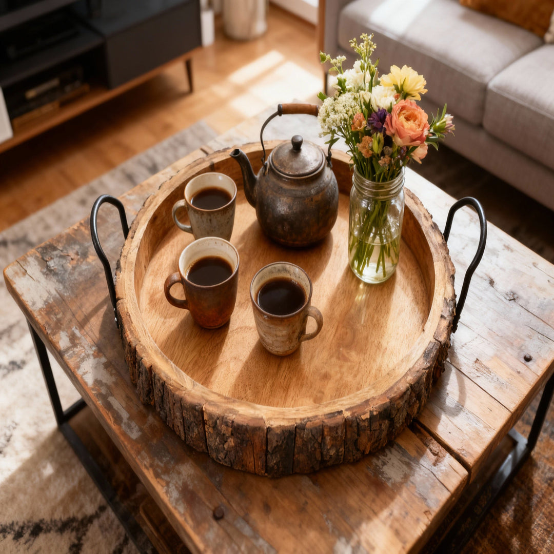 Rustic Bark Wood Serving Tray with Iron Handles | Natural Decorative Platter for Farmhouse & Home Decor, Unique Wooden T