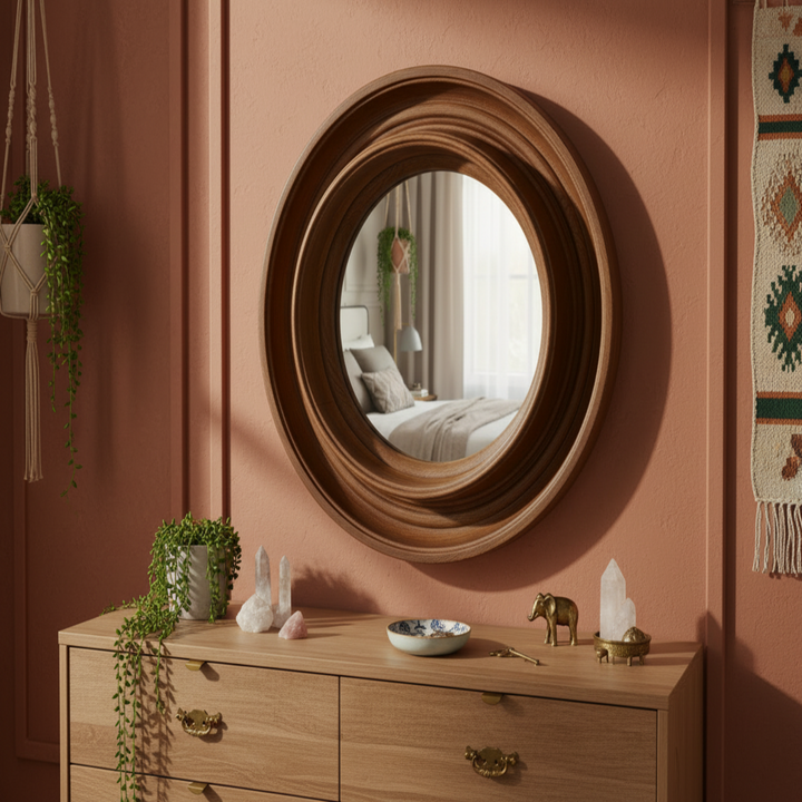 Wooden Porthole Convex Wall Mirror – Natural Mango Wood Frame, Nautical & Rustic Home Décor Accent