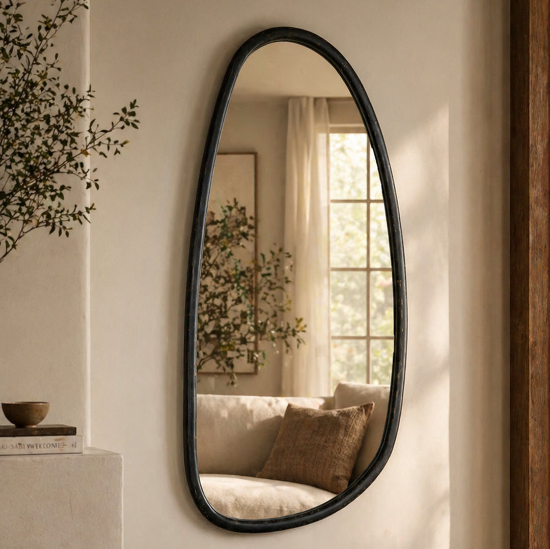 Abstract Shape Wall Mirror in Black Wash Mango Wood Frame