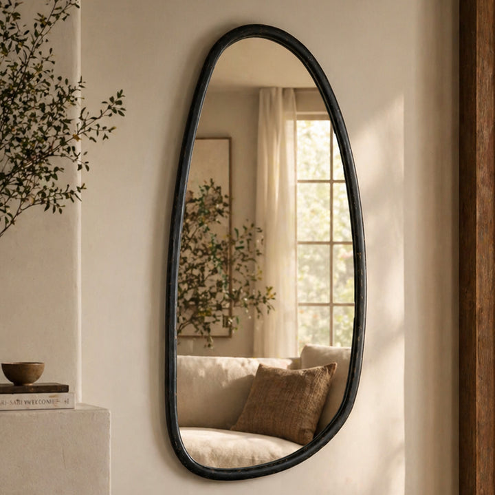 Abstract Shape Wall Mirror in Black Wash Mango Wood Frame
