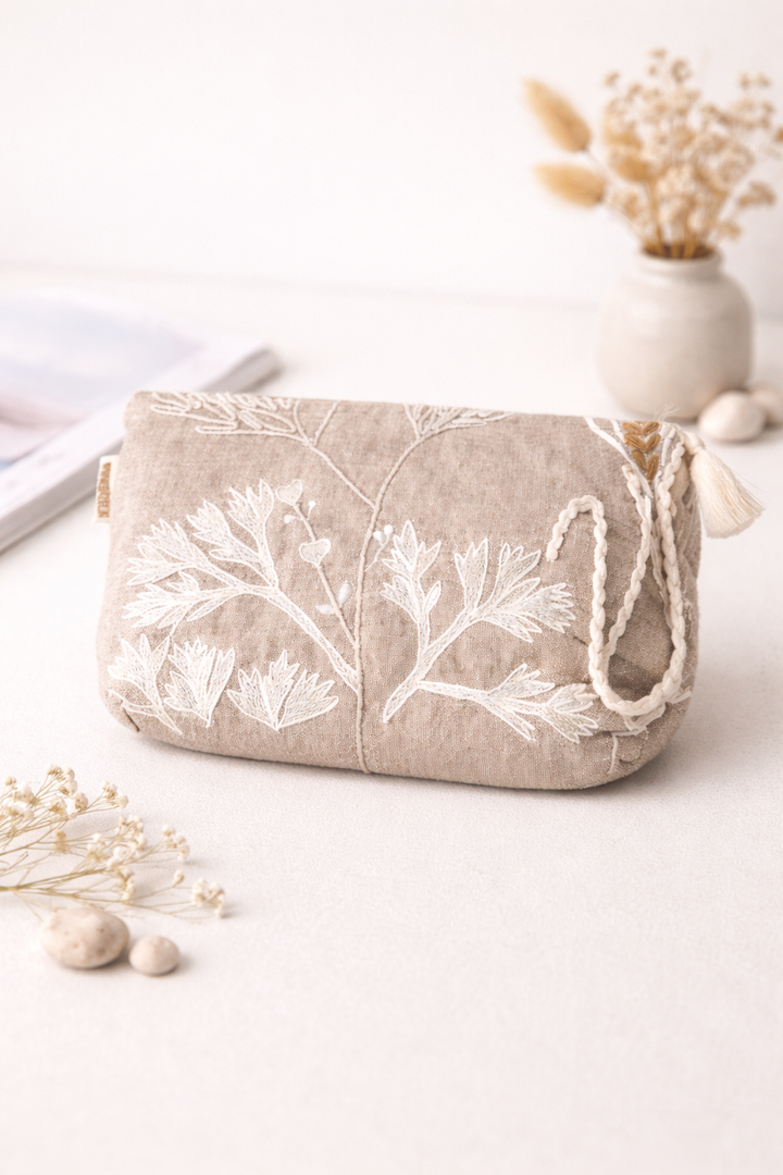 Cotton Pouch – Botanical Embroidered Design – 18x30 cm