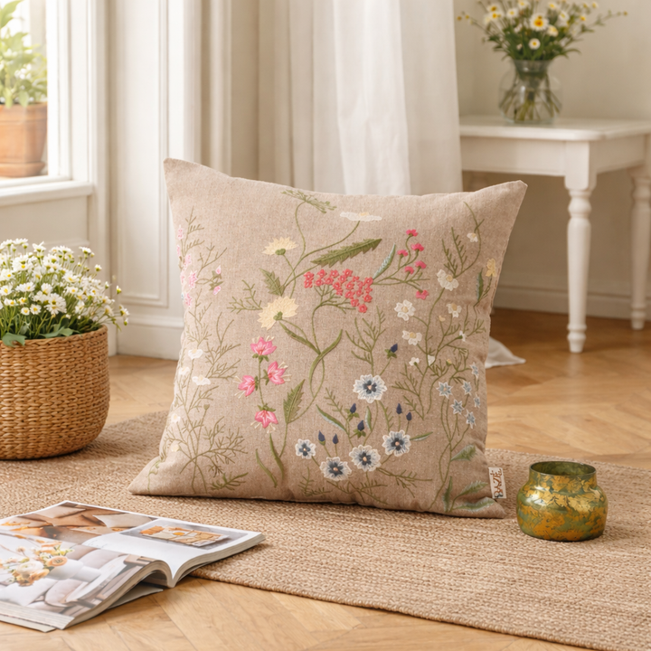 Embroidered Cotton Cushion- Branch Floral Design- 45x45 cm