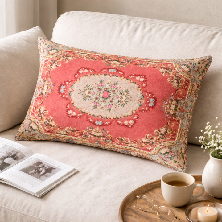 Floral Printed & Embroidered Cotton Lumbar Cushion- 40x60 cm