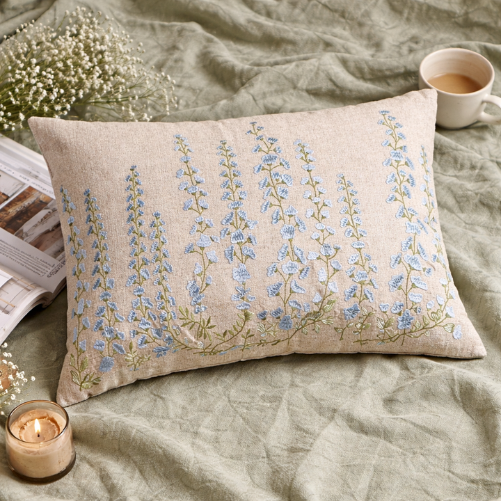 Cascade Floral Embroidered Cotton Lumbar Cushion- 40x60 cm
