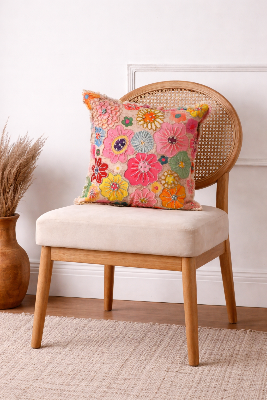 Embroidered Cotton Cushion- Floral Design- 45x45 cm