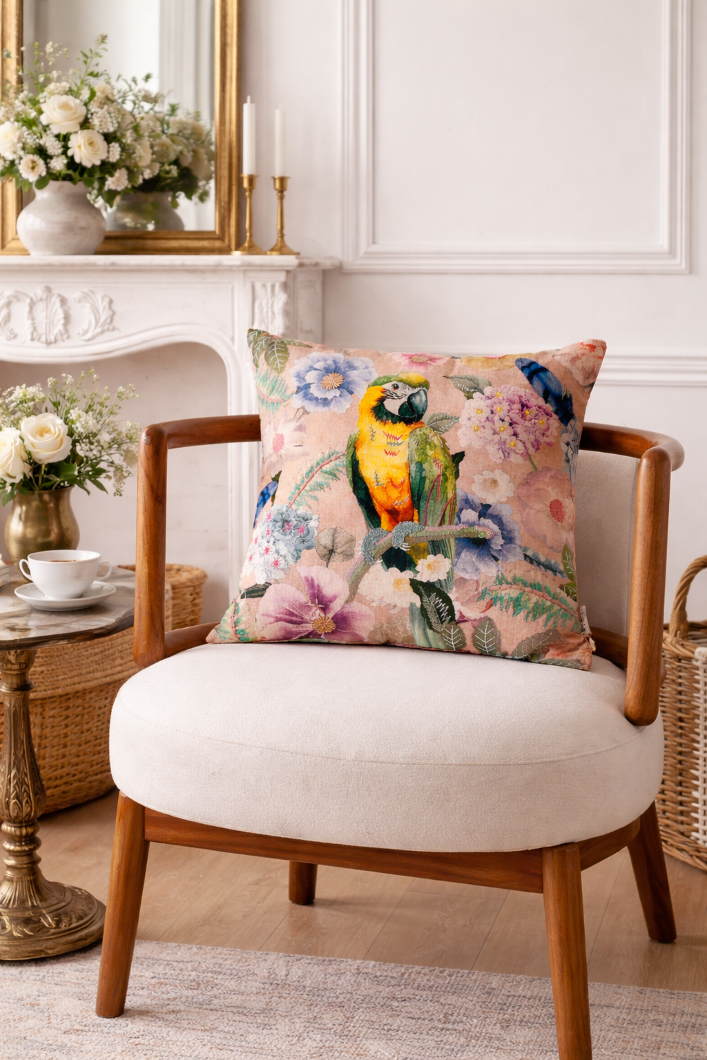 Tropical Parrot Floral Cushion- Cotton Embroidered 45x45cm