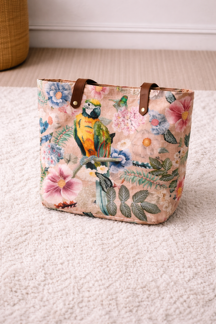 Embroidered Parrot & Floral Cotton Tote Bag – Multicolor
