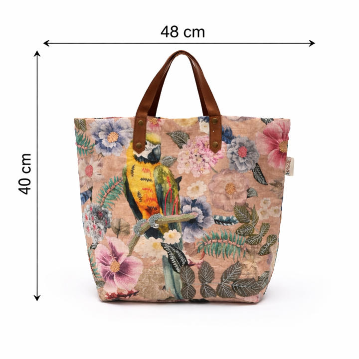 Embroidered Parrot & Floral Cotton Tote Bag – Multicolor