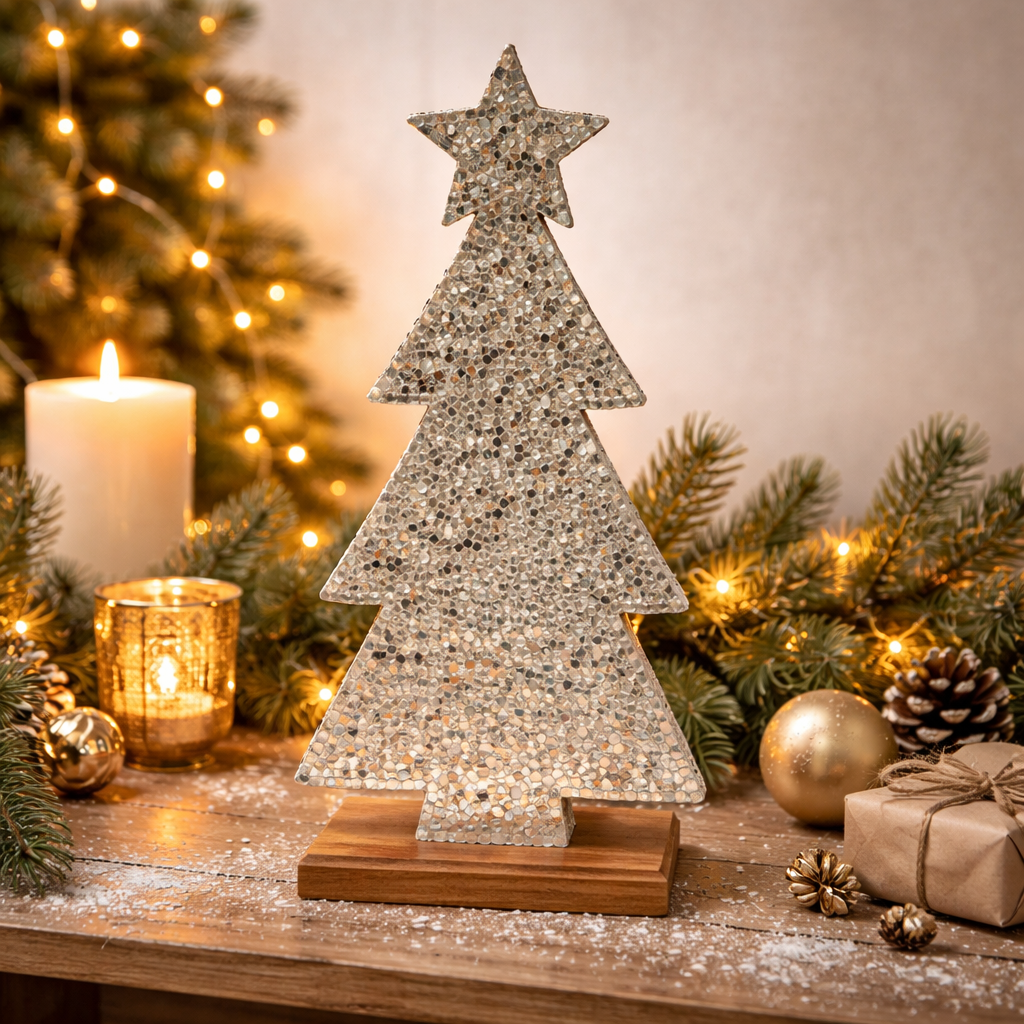 Beaded Christmas Tree Decoration on Wooden Base