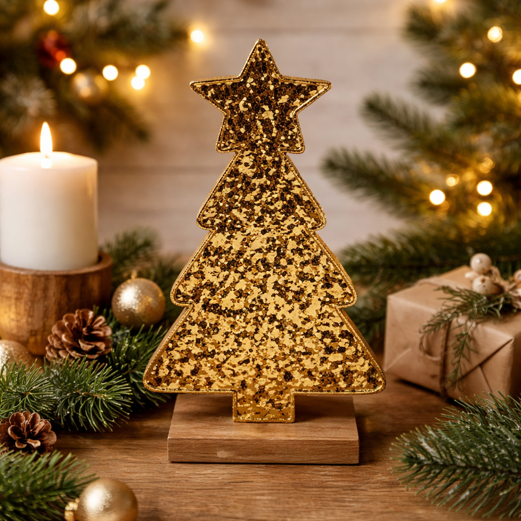 Beaded Gold Christmas Tree Decoration on Wooden Base