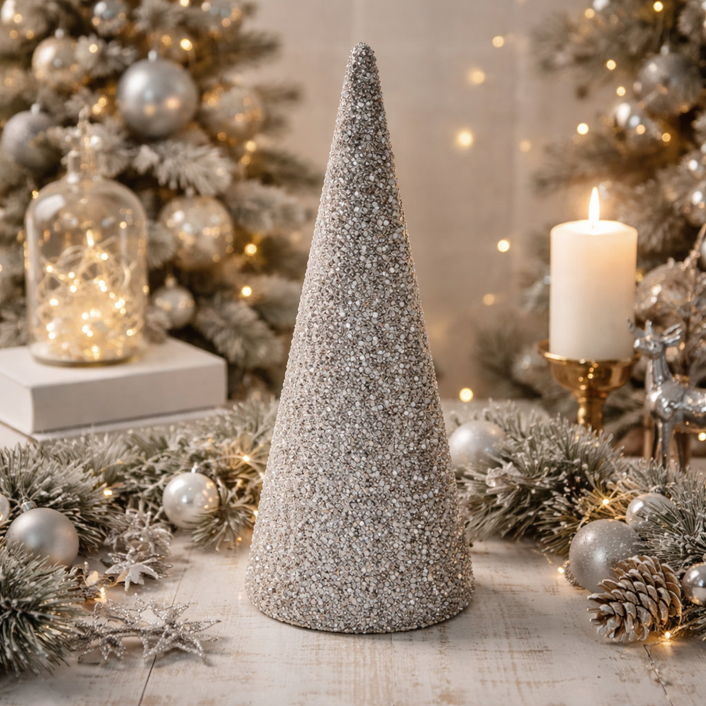 Beaded Decorative Cone – Silver Grey – 18 cm