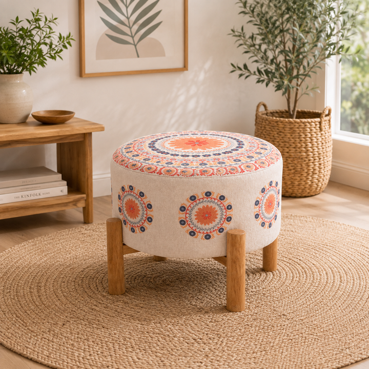 Embroidered Mandala Cotton Pouf Stool with Wooden Legs