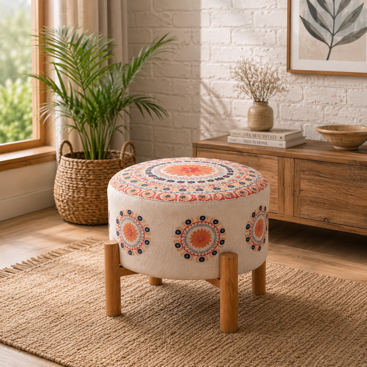 Embroidered Mandala Cotton Pouf Stool with Wooden Legs