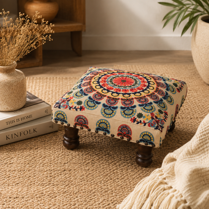 Mystic Mandala Cotton Footstool with Wooden Legs Multicolour