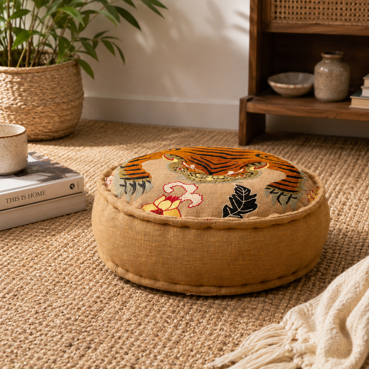 Boho Embroidered Cotton Floor Pouf – Tiger Design 60×20 cm