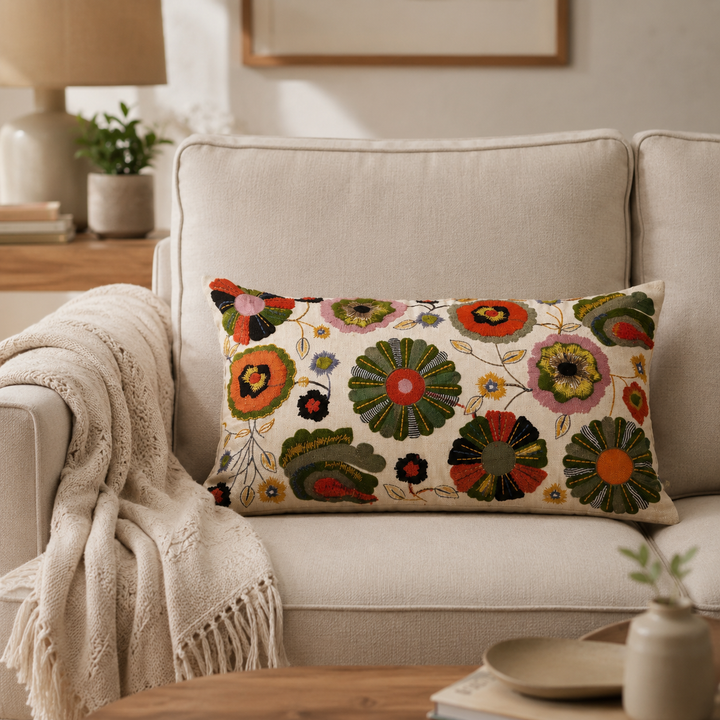 Floral Embroidered Cotton Cushion with Filler 35 × 60 cm