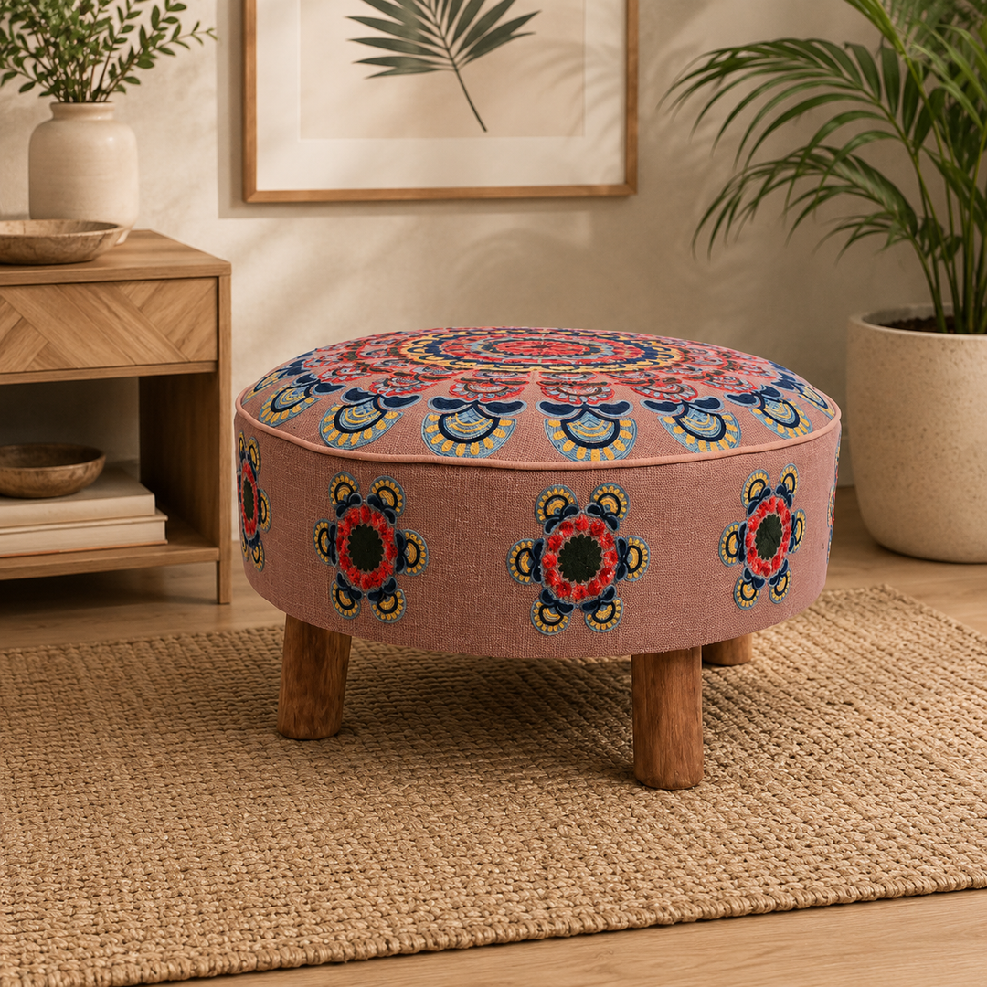 Embroidered Cotton Round Footstool with Wooden Legs 60 cm