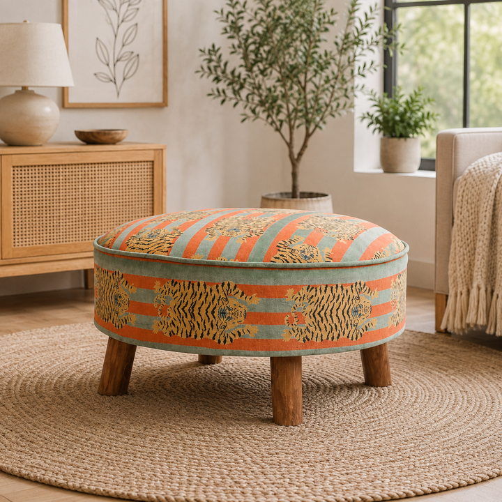 Cotton Round Footstool with Wooden Legs-Tiger Print- 60 cm