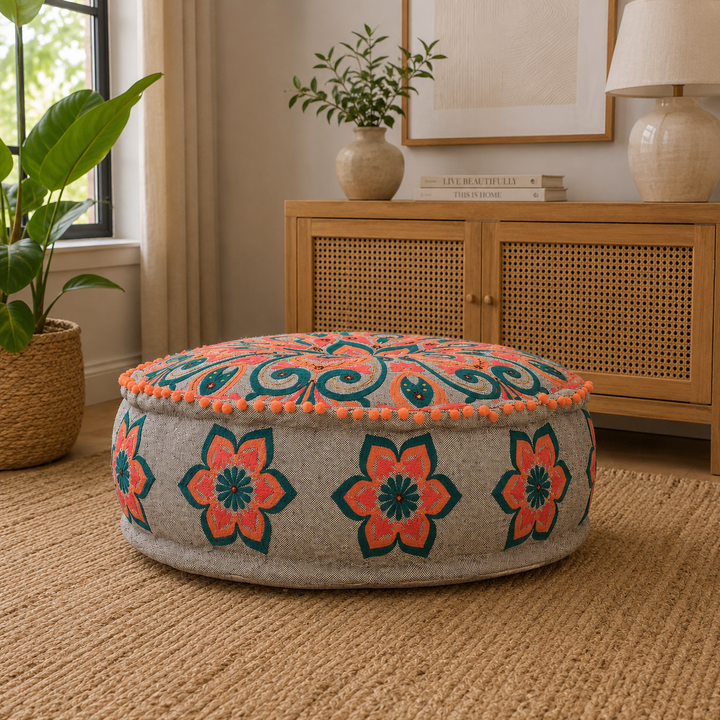 Mandala Embroidered Cotton Floor Cushion with Pompoms 60 cm