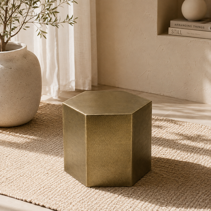 Hexagonal Side Table – Aluminium Sheet with Nickel Antique Finish