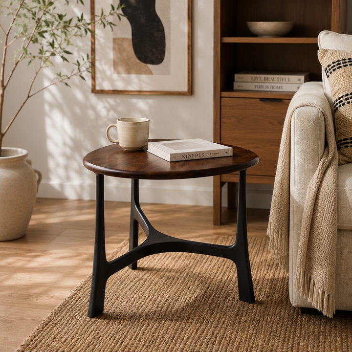 Solace Round Coffee Table – Black Aluminium & Wood 58cm