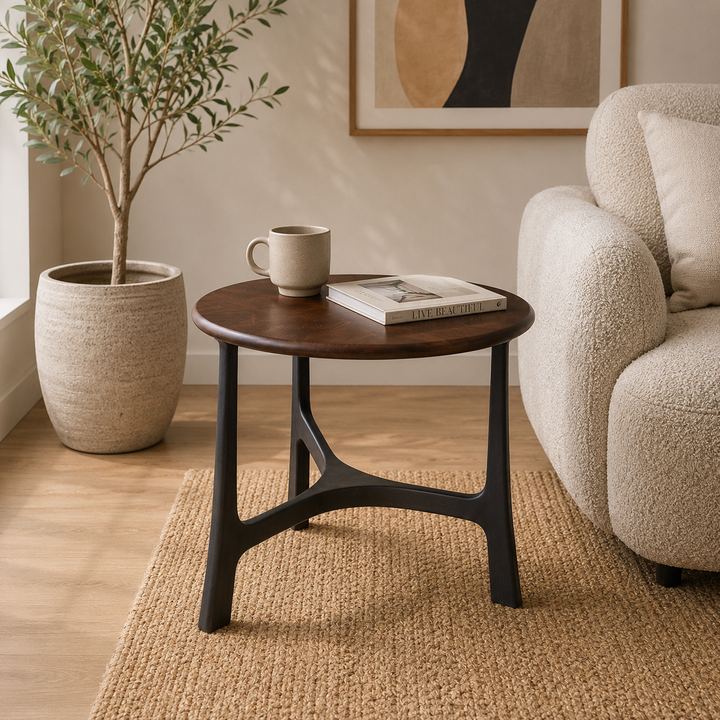 Solace Round Coffee Table – Black Aluminium & Wood 58cm