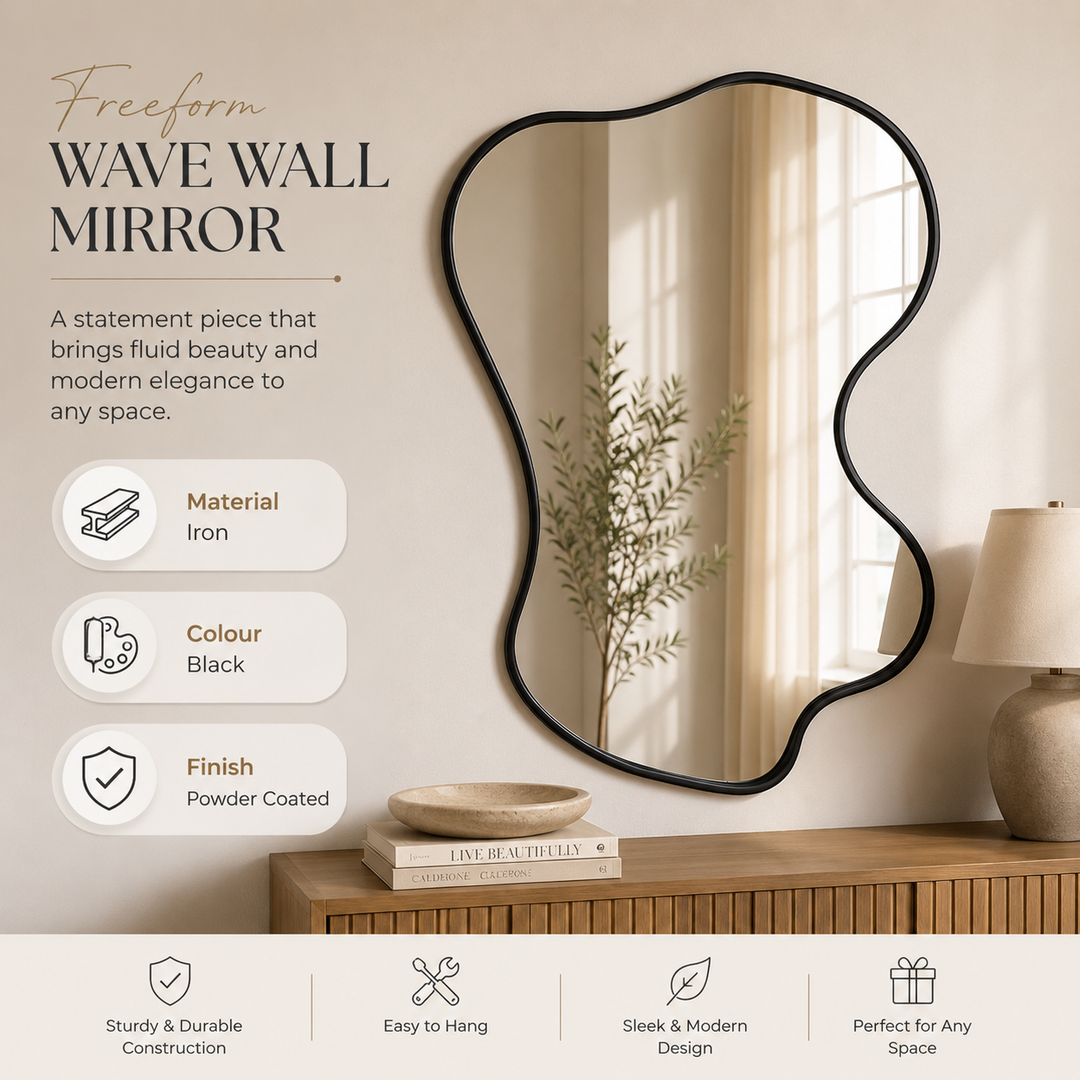 Freeform Wave Black Wall Mirror Modern Decorative Decor