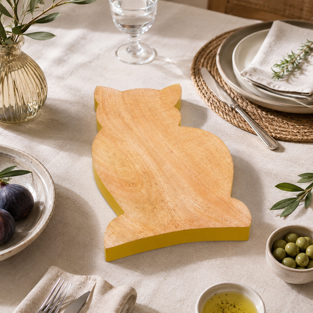 Cat Shaped Mango Wood Serving Board with Colour Edge