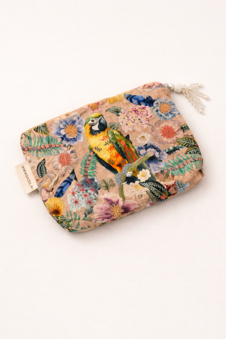 Cotton Pouch – Parrot Floral Embroidered – 18x30 cm