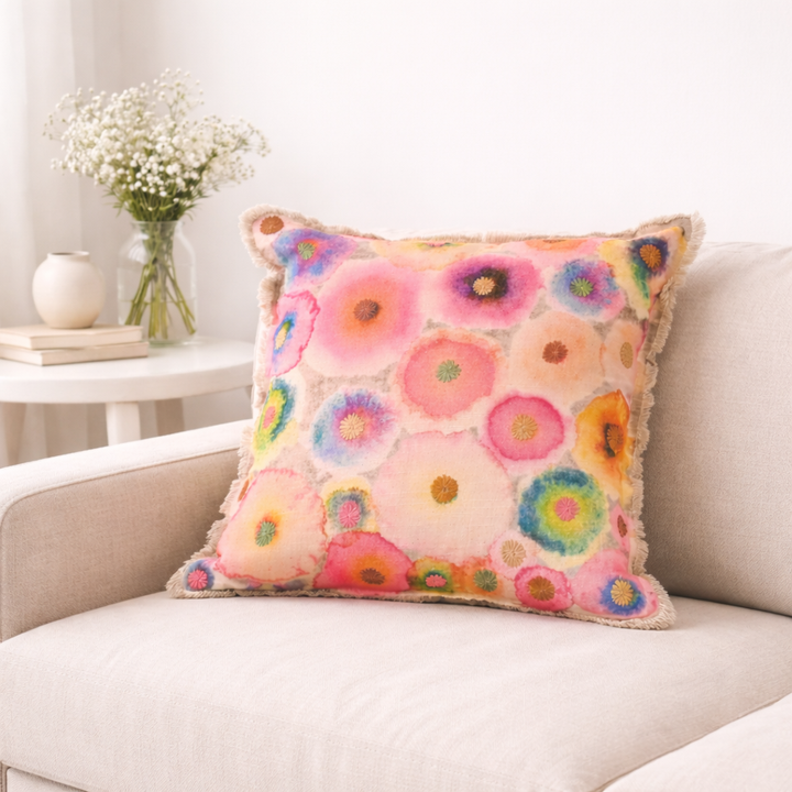 Printed & Embroidered Cotton Cushion- Bloom Design- 45x45 cm