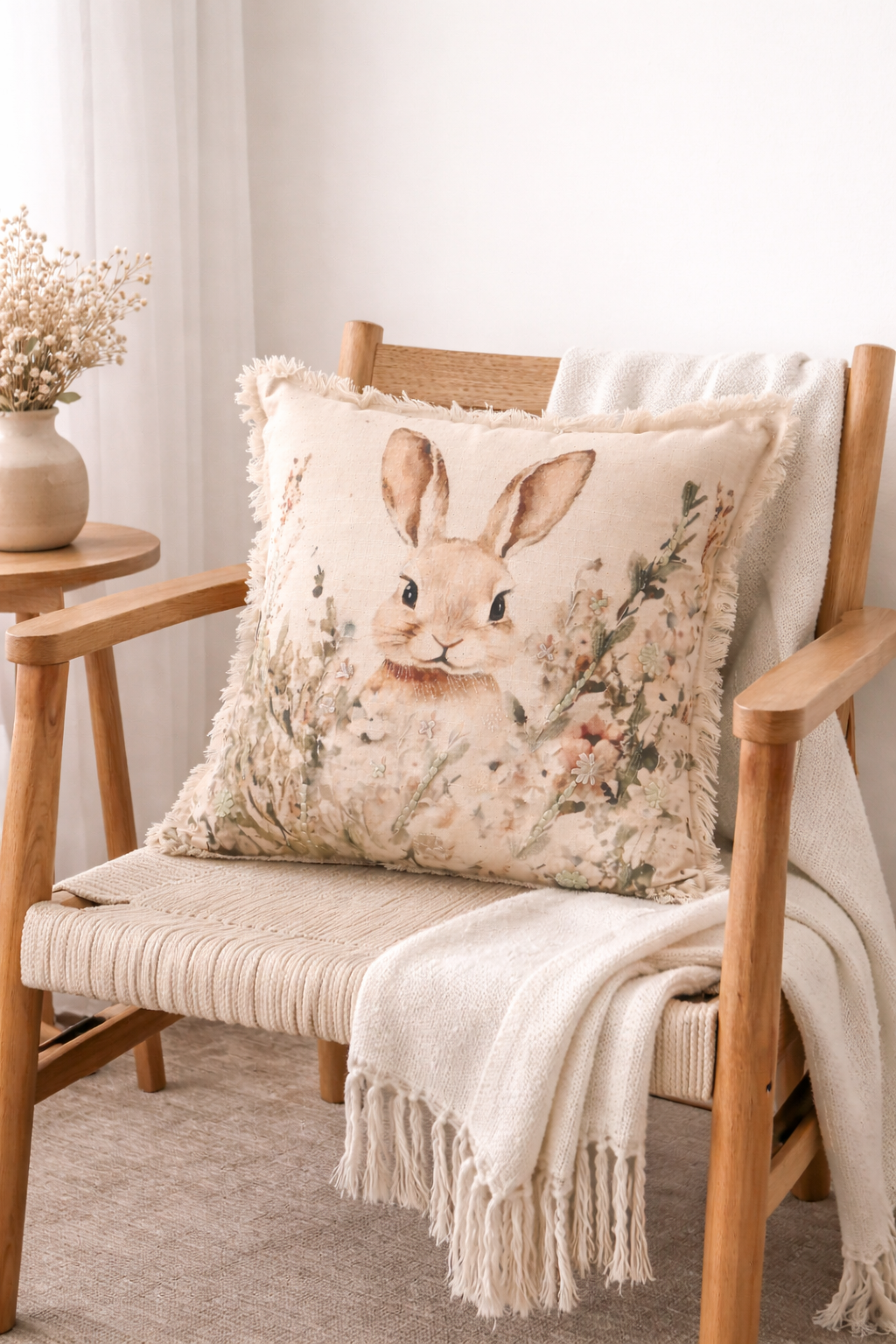 Embroidered Cotton Cushion- Bunny Floral Design- 45x45 cm