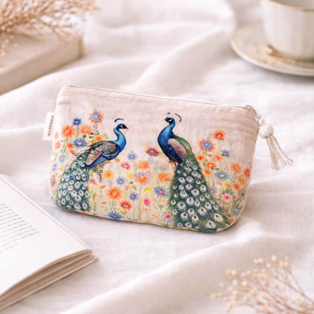 Cotton Pouch – Peacock Floral Embroidered – 18x30 cm