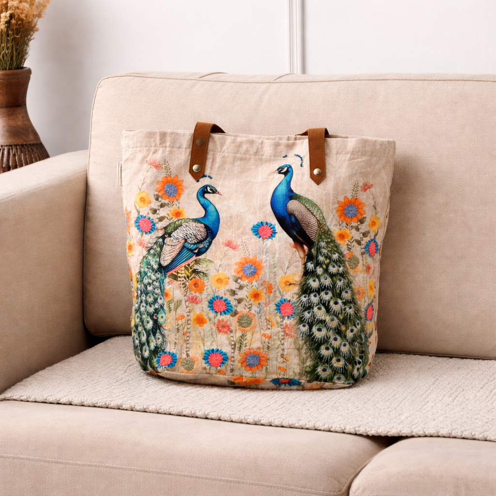 Embroidered Peacock Cotton Tote Bag – Floral Multi Shopper