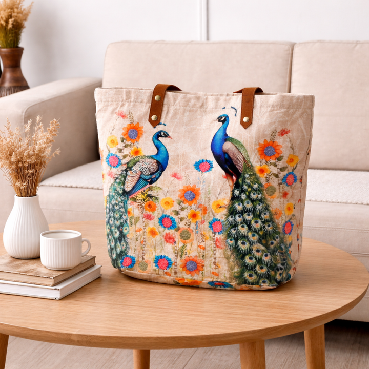 Embroidered Peacock Cotton Tote Bag – Floral Multi Shopper